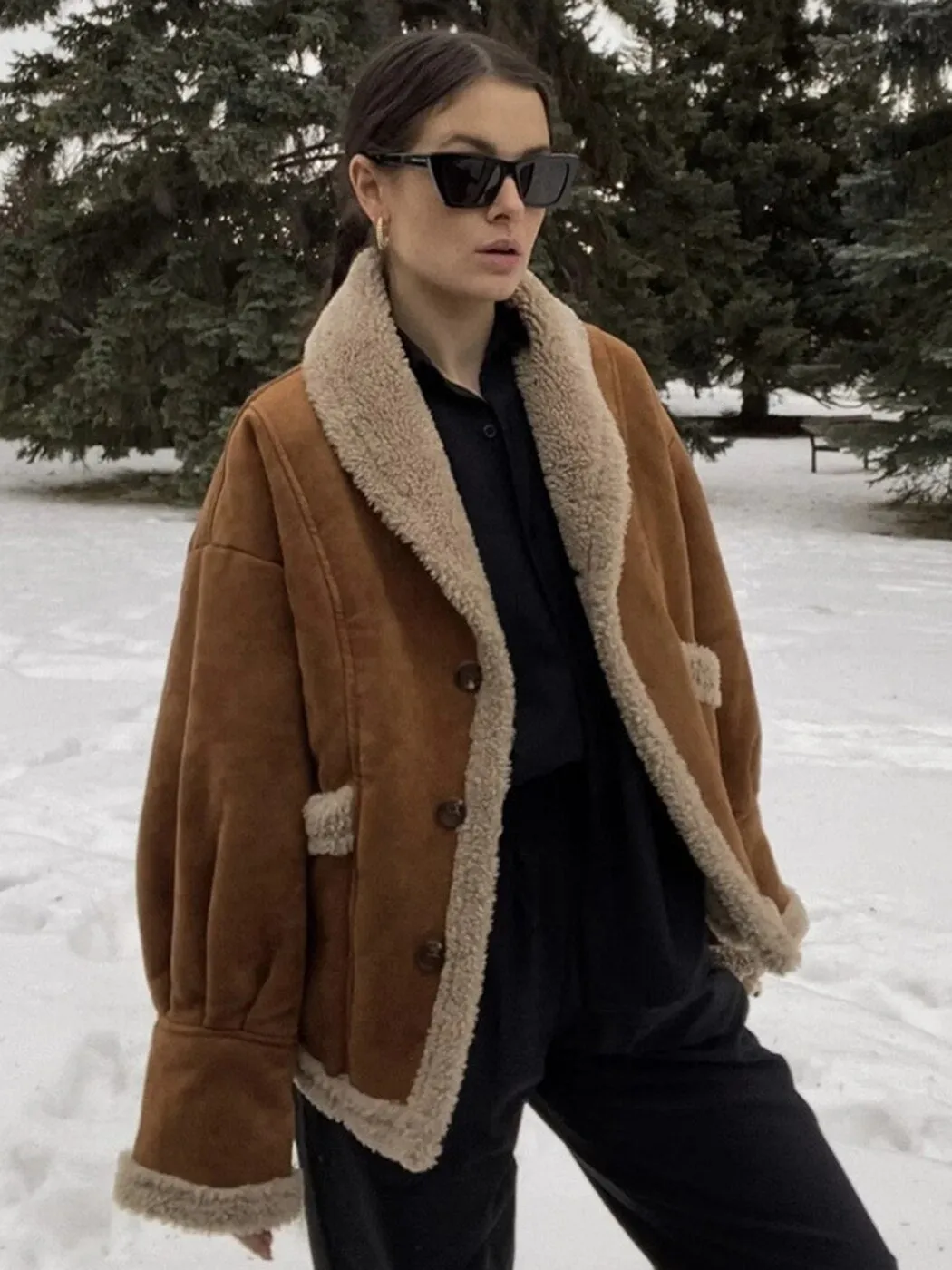 ASHORE SHOP Winter Womens Fur Shawl Collar Suede Jackets Woman Autumn Winter Thick Outerwear