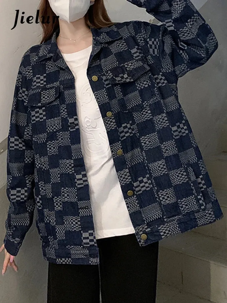 Autumn Chessboard Checker Denim Coat Women Korean Fashion Loose Retro Blue Black Plaid Denim Jackets Women Top