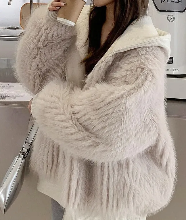 Autumn Winter Loose Furry Soft Warm Faux Fur Coat Women with Hood