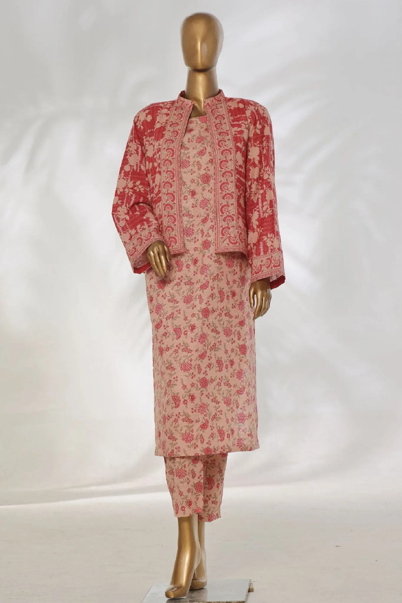 Bin Saeed Stitched 3 Piece Printed Khaddar Vol-01 Jacket Collection'2024-WK-1293-Peach