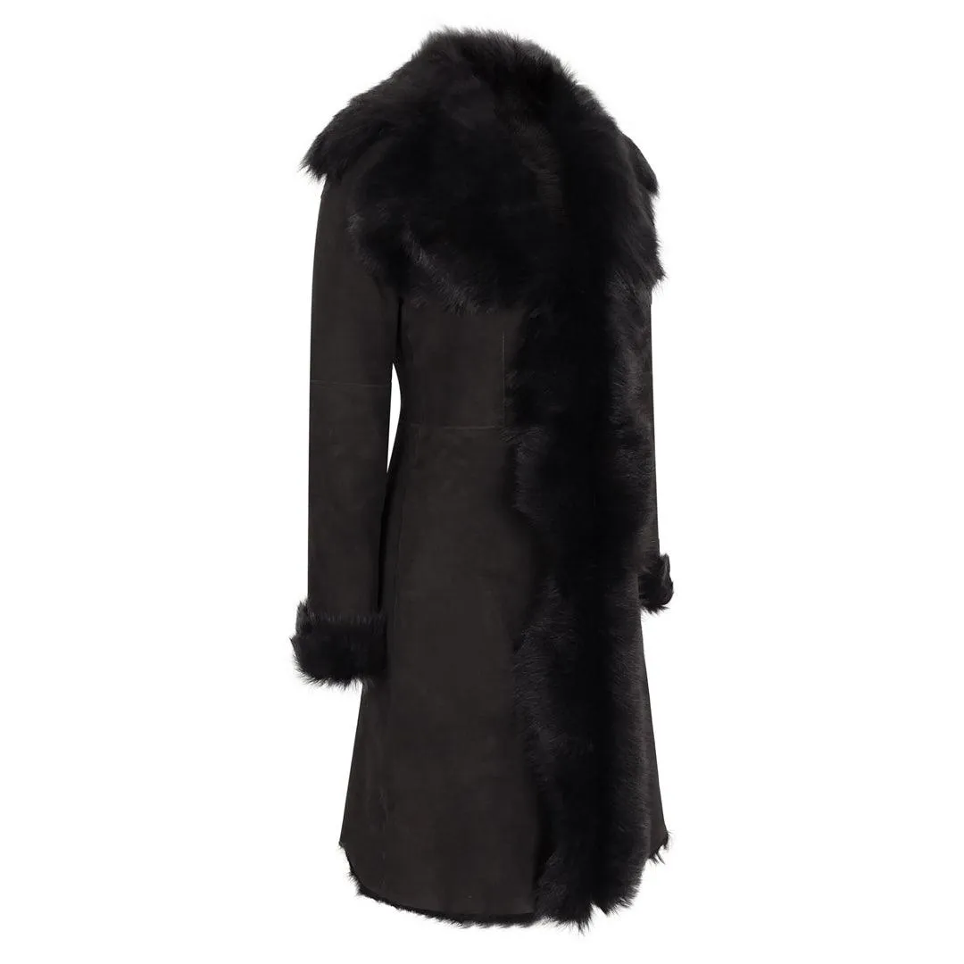 Black Luxury 3/4 Length Ladies Suede Real Toscana Sheepskin Coat Tailored Fit