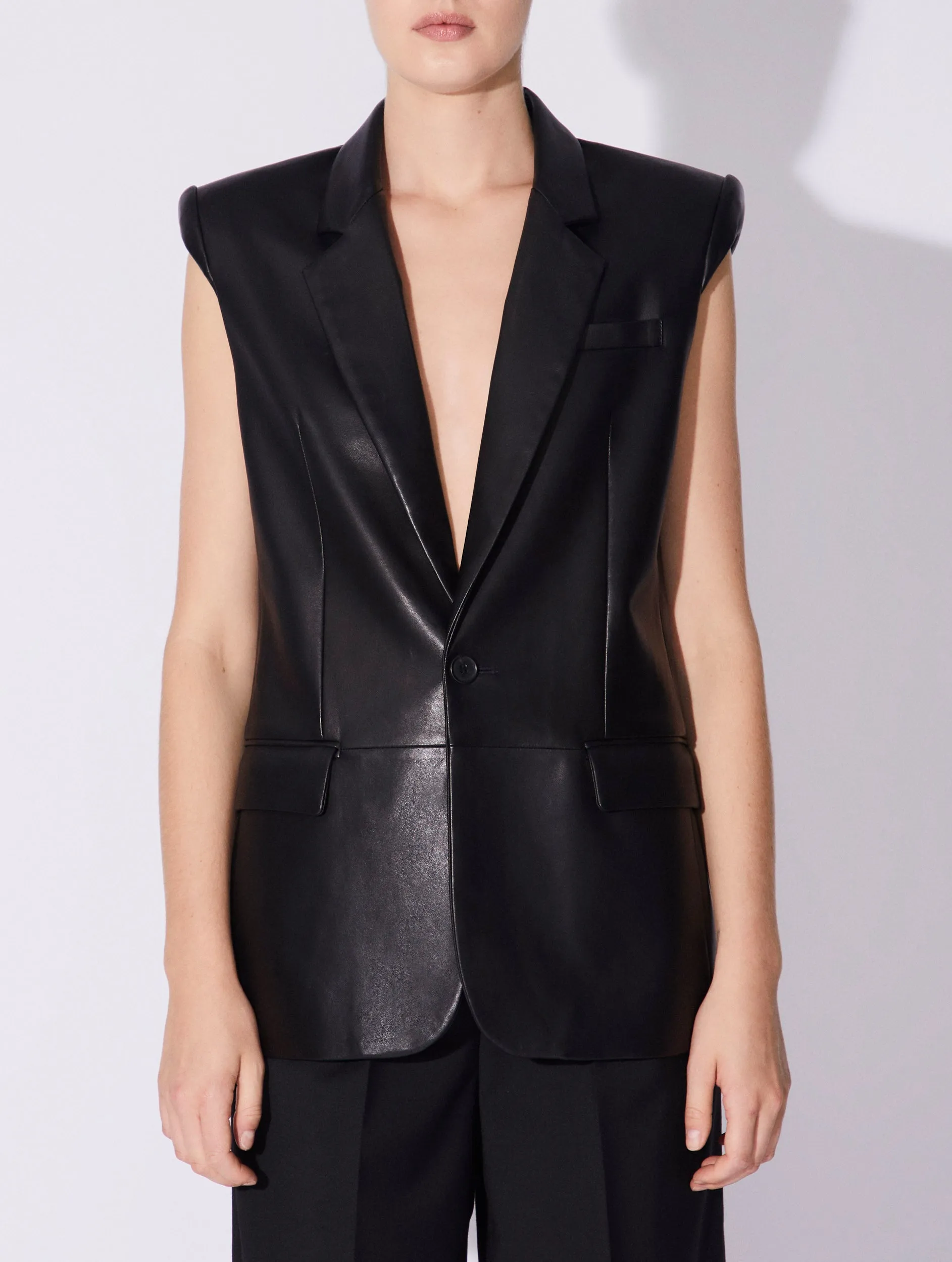 Black plongé lambskin leather sleeveless jacket