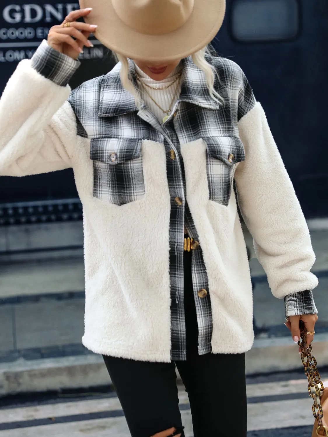 Bohemian Fuzzy Plaid Collared Neck Button Down Jacket