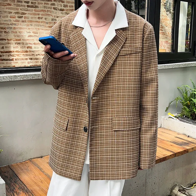 BONSIR  -  Fashion Oversize Plaid Blazer Jacket Men Japanese Style Clothing Vintage Casual Loose Grid Suit Coat Hip Hop Streetwear Khaki