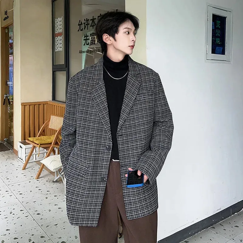 BONSIR  -  Fashion Oversize Plaid Blazer Jacket Men Japanese Style Clothing Vintage Casual Loose Grid Suit Coat Hip Hop Streetwear Khaki