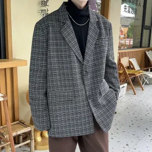 BONSIR  -  Fashion Oversize Plaid Blazer Jacket Men Japanese Style Clothing Vintage Casual Loose Grid Suit Coat Hip Hop Streetwear Khaki