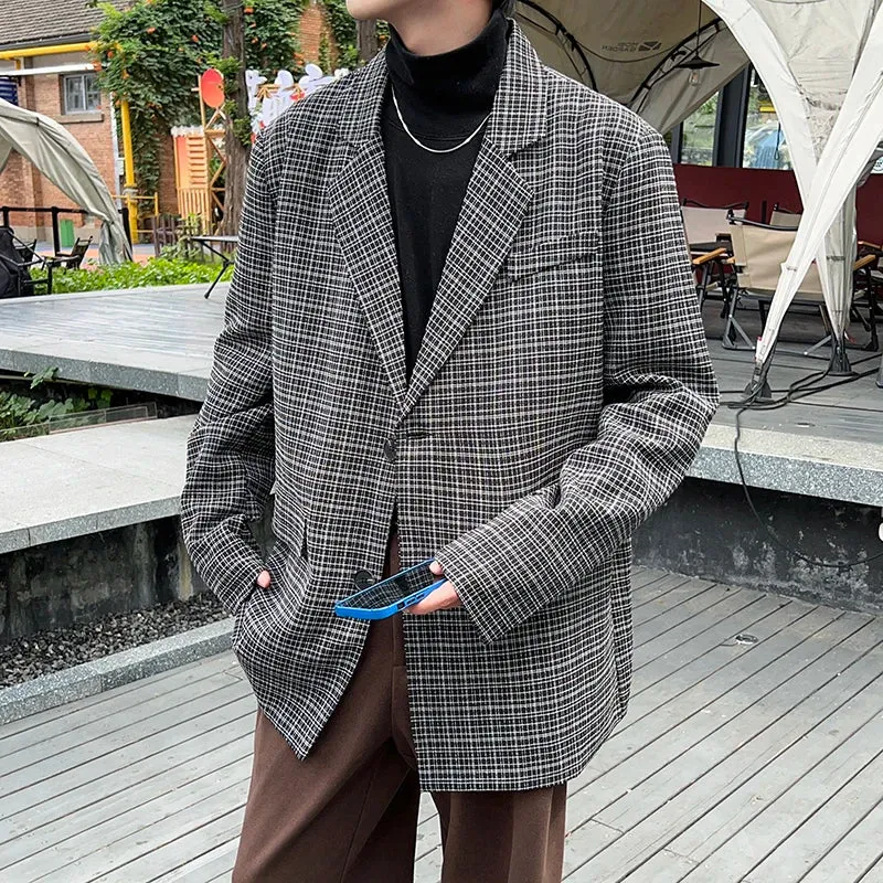 BONSIR  -  Fashion Oversize Plaid Blazer Jacket Men Japanese Style Clothing Vintage Casual Loose Grid Suit Coat Hip Hop Streetwear Khaki