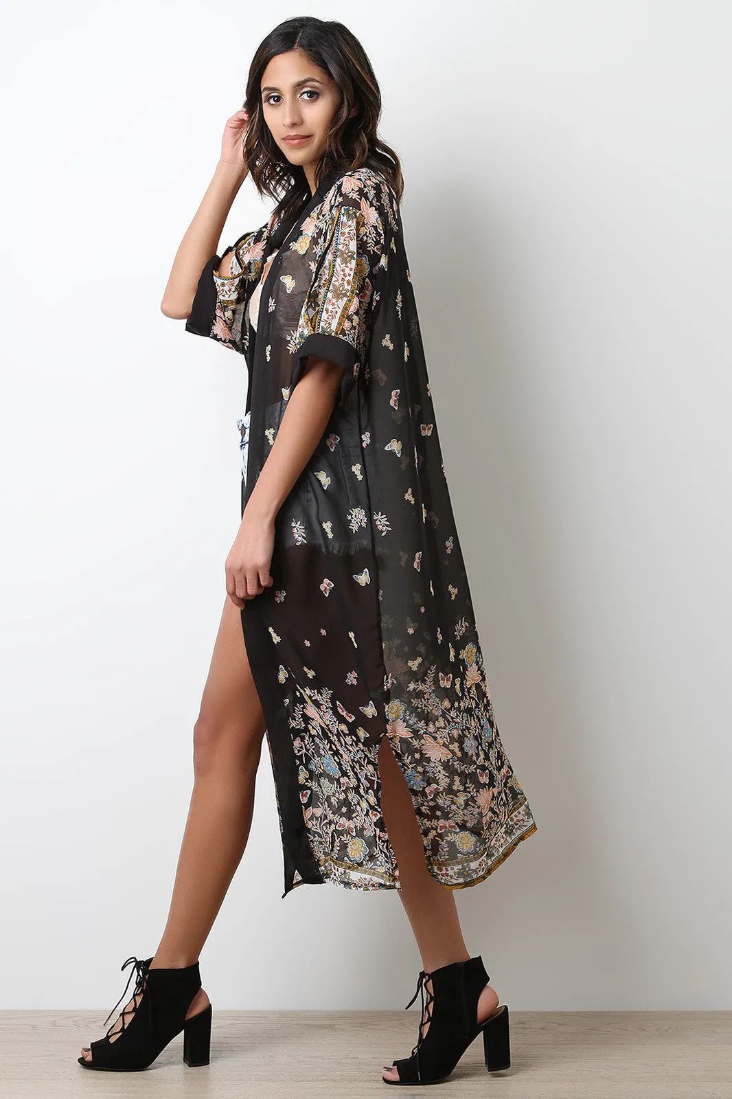 Cold Shoulder Semi-Sheer Floral Longline Kimono