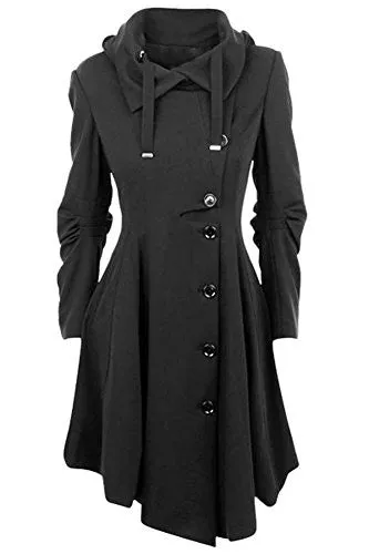 ETCYY Women's Black Button Asymmetrical Winter Long Trench Jackets Coat,Black,X-Large