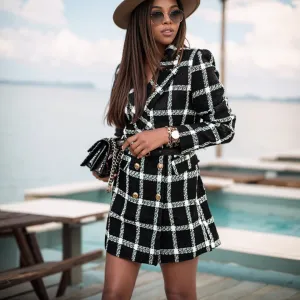 European and American Street Shot Autumn and Winter Women's Houndstooth Vintage Plaid Slim Fit Mid Length Long Length Long-Sleeved Woolen Coat Woolen Coat