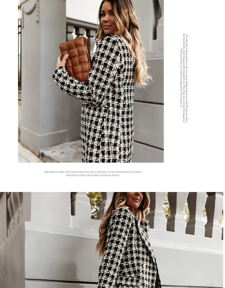 European and American Street Shot Autumn and Winter Women's Houndstooth Vintage Plaid Slim Fit Mid Length Long Length Long-Sleeved Woolen Coat Woolen Coat