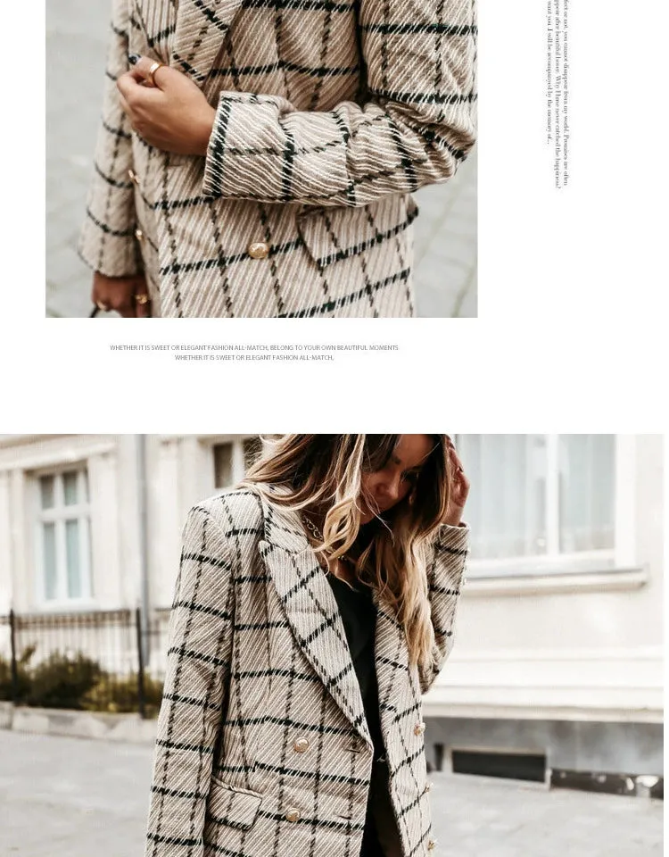 European and American Street Shot Autumn and Winter Women's Houndstooth Vintage Plaid Slim Fit Mid Length Long Length Long-Sleeved Woolen Coat Woolen Coat