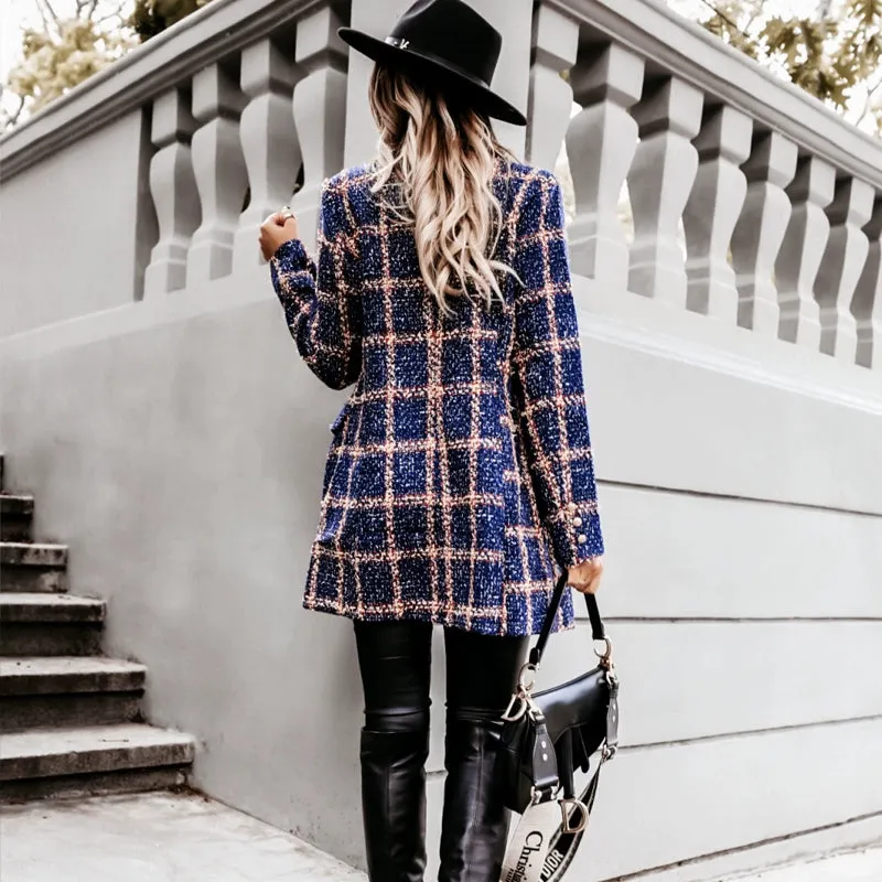 European and American Street Shot Autumn and Winter Women's Houndstooth Vintage Plaid Slim Fit Mid Length Long Length Long-Sleeved Woolen Coat Woolen Coat