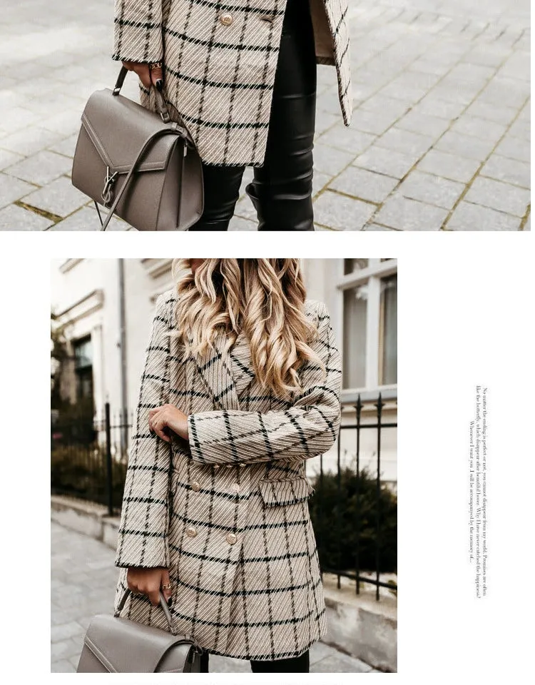 European and American Street Shot Autumn and Winter Women's Houndstooth Vintage Plaid Slim Fit Mid Length Long Length Long-Sleeved Woolen Coat Woolen Coat