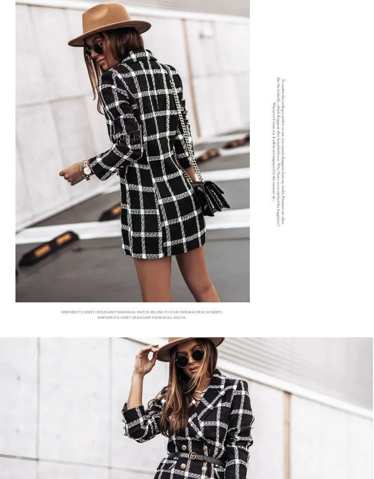 European and American Street Shot Autumn and Winter Women's Houndstooth Vintage Plaid Slim Fit Mid Length Long Length Long-Sleeved Woolen Coat Woolen Coat