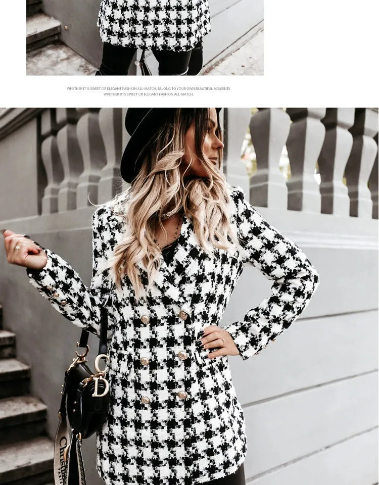 European and American Street Shot Autumn and Winter Women's Houndstooth Vintage Plaid Slim Fit Mid Length Long Length Long-Sleeved Woolen Coat Woolen Coat