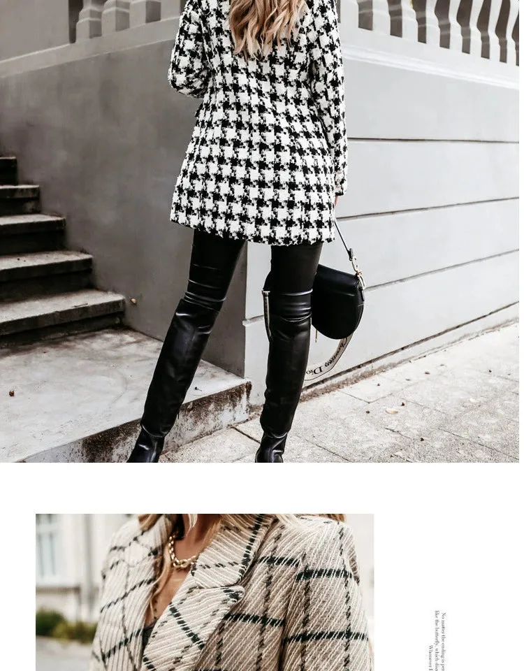 European and American Street Shot Autumn and Winter Women's Houndstooth Vintage Plaid Slim Fit Mid Length Long Length Long-Sleeved Woolen Coat Woolen Coat