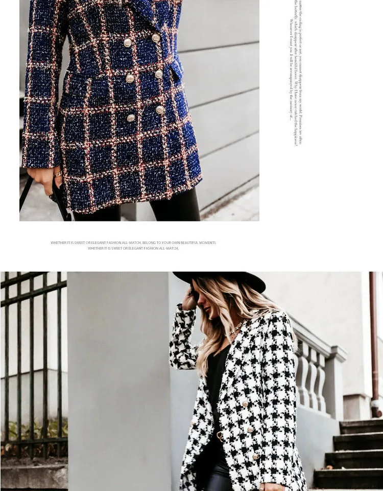 European and American Street Shot Autumn and Winter Women's Houndstooth Vintage Plaid Slim Fit Mid Length Long Length Long-Sleeved Woolen Coat Woolen Coat