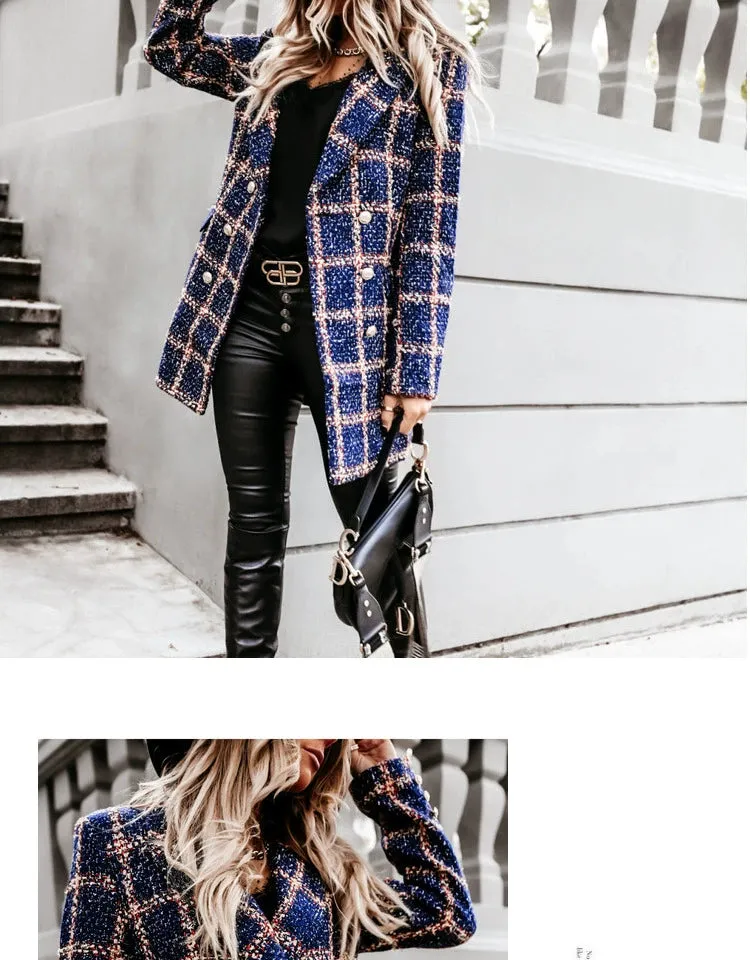 European and American Street Shot Autumn and Winter Women's Houndstooth Vintage Plaid Slim Fit Mid Length Long Length Long-Sleeved Woolen Coat Woolen Coat