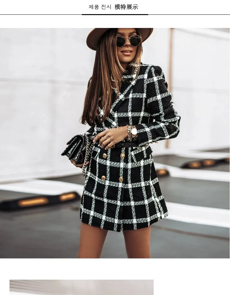 European and American Street Shot Autumn and Winter Women's Houndstooth Vintage Plaid Slim Fit Mid Length Long Length Long-Sleeved Woolen Coat Woolen Coat