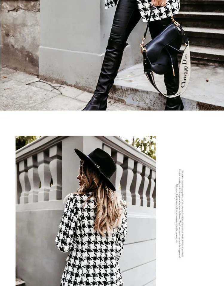 European and American Street Shot Autumn and Winter Women's Houndstooth Vintage Plaid Slim Fit Mid Length Long Length Long-Sleeved Woolen Coat Woolen Coat