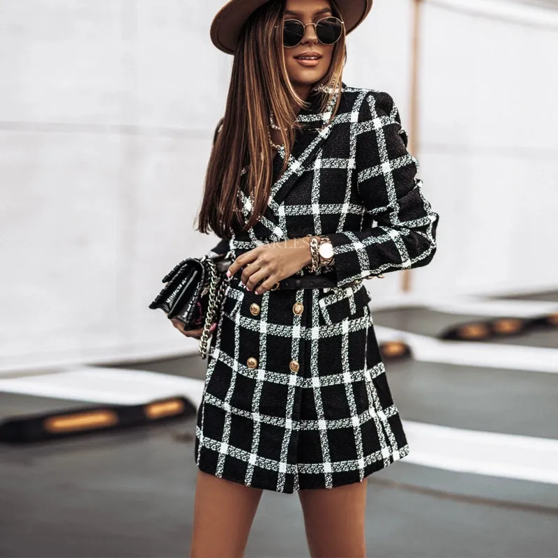 European and American Street Shot Autumn and Winter Women's Houndstooth Vintage Plaid Slim Fit Mid Length Long Length Long-Sleeved Woolen Coat Woolen Coat