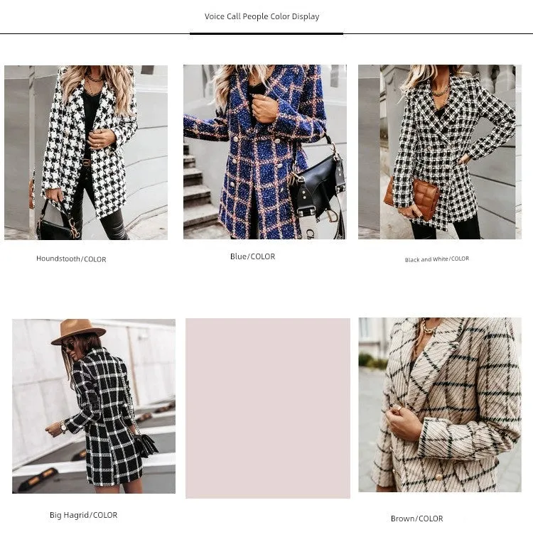 European and American Street Shot Autumn and Winter Women's Houndstooth Vintage Plaid Slim Fit Mid Length Long Length Long-Sleeved Woolen Coat Woolen Coat