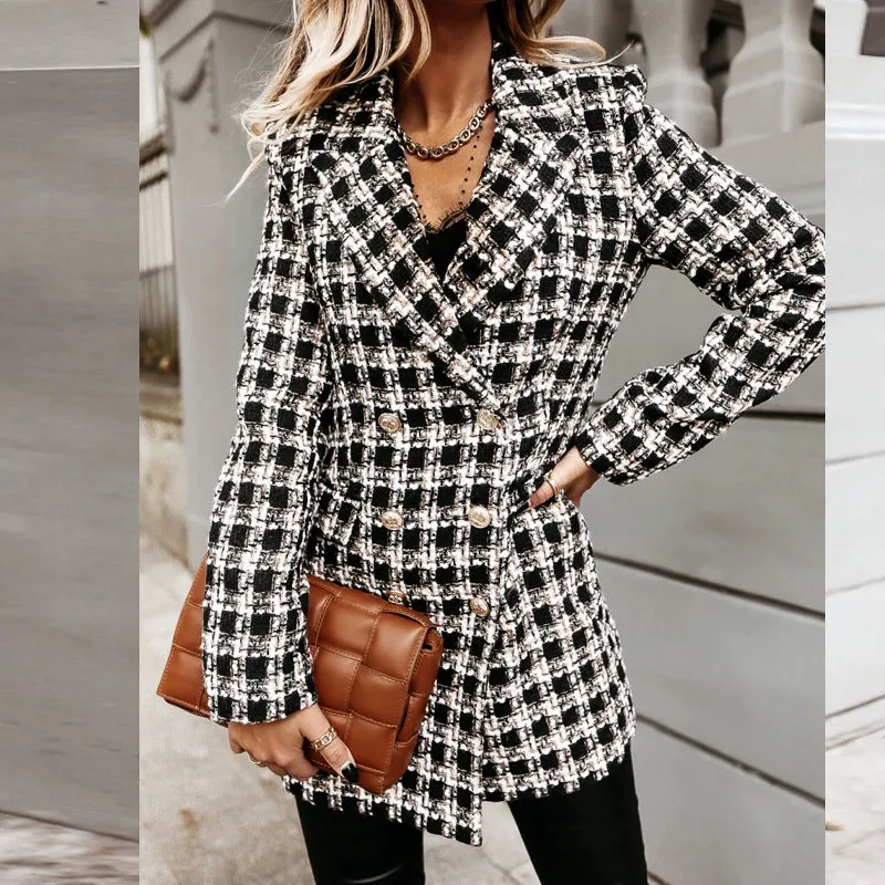 European and American Street Shot Autumn and Winter Women's Houndstooth Vintage Plaid Slim Fit Mid Length Long Length Long-Sleeved Woolen Coat Woolen Coat