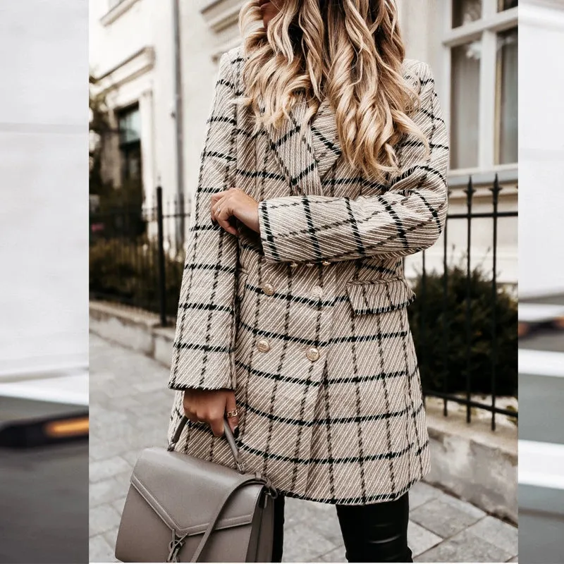 European and American Street Shot Autumn and Winter Women's Houndstooth Vintage Plaid Slim Fit Mid Length Long Length Long-Sleeved Woolen Coat Woolen Coat