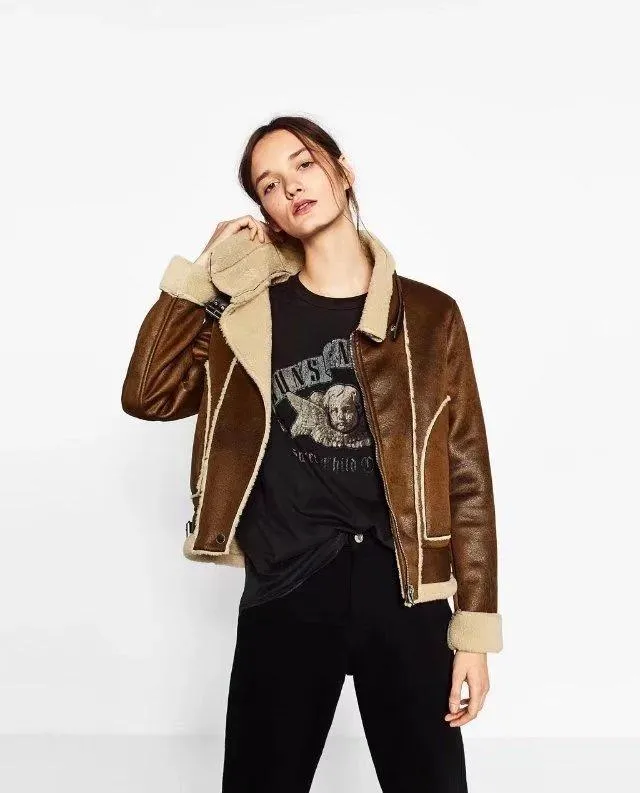 Fleece Stitching Women Suede Coat Jacket