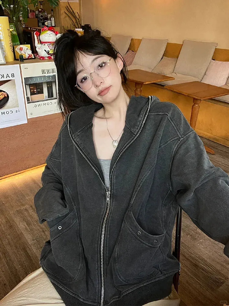 Girlary Autumn Winter Women Black Sweatshirts Y2k Streetwear Casual Korean Fashion Pullover Hoodies New Design Coat Vintage Gothic