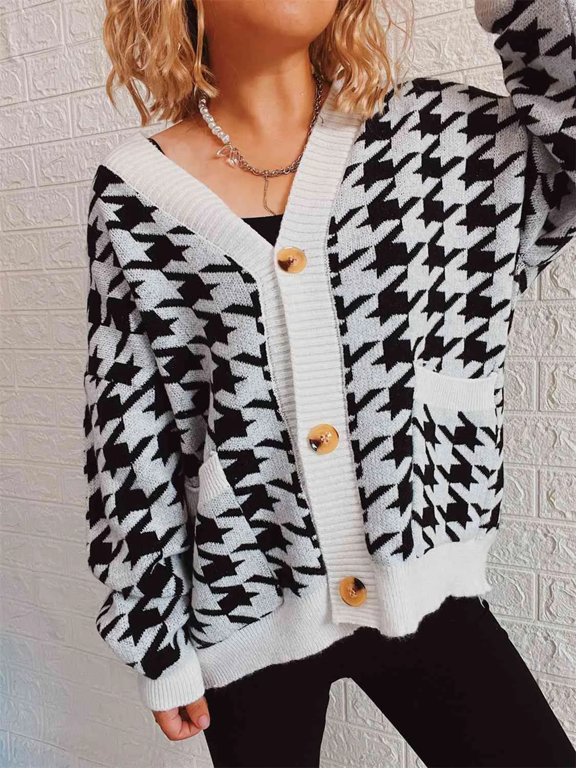 Houndstooth Botton Front  Cardigan with Pockets