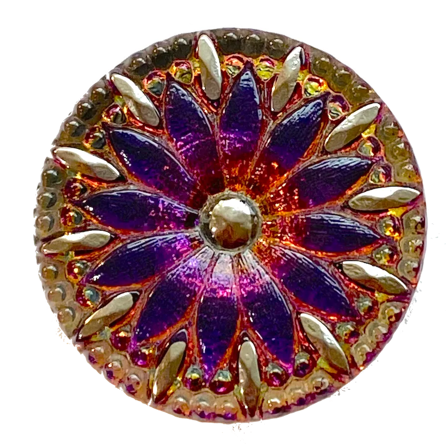 Large Magenta / Orange Dichroic Flower Czech Glass Button 1-3/16"  #CZ-002