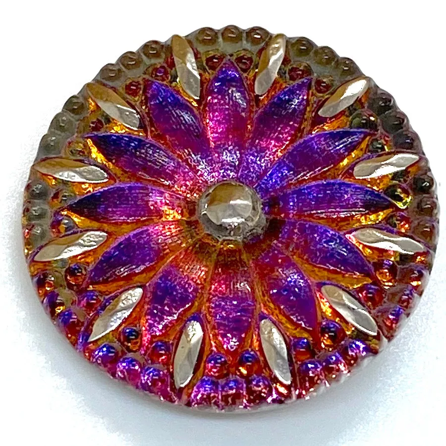 Large Magenta / Orange Dichroic Flower Czech Glass Button 1-3/16"  #CZ-002