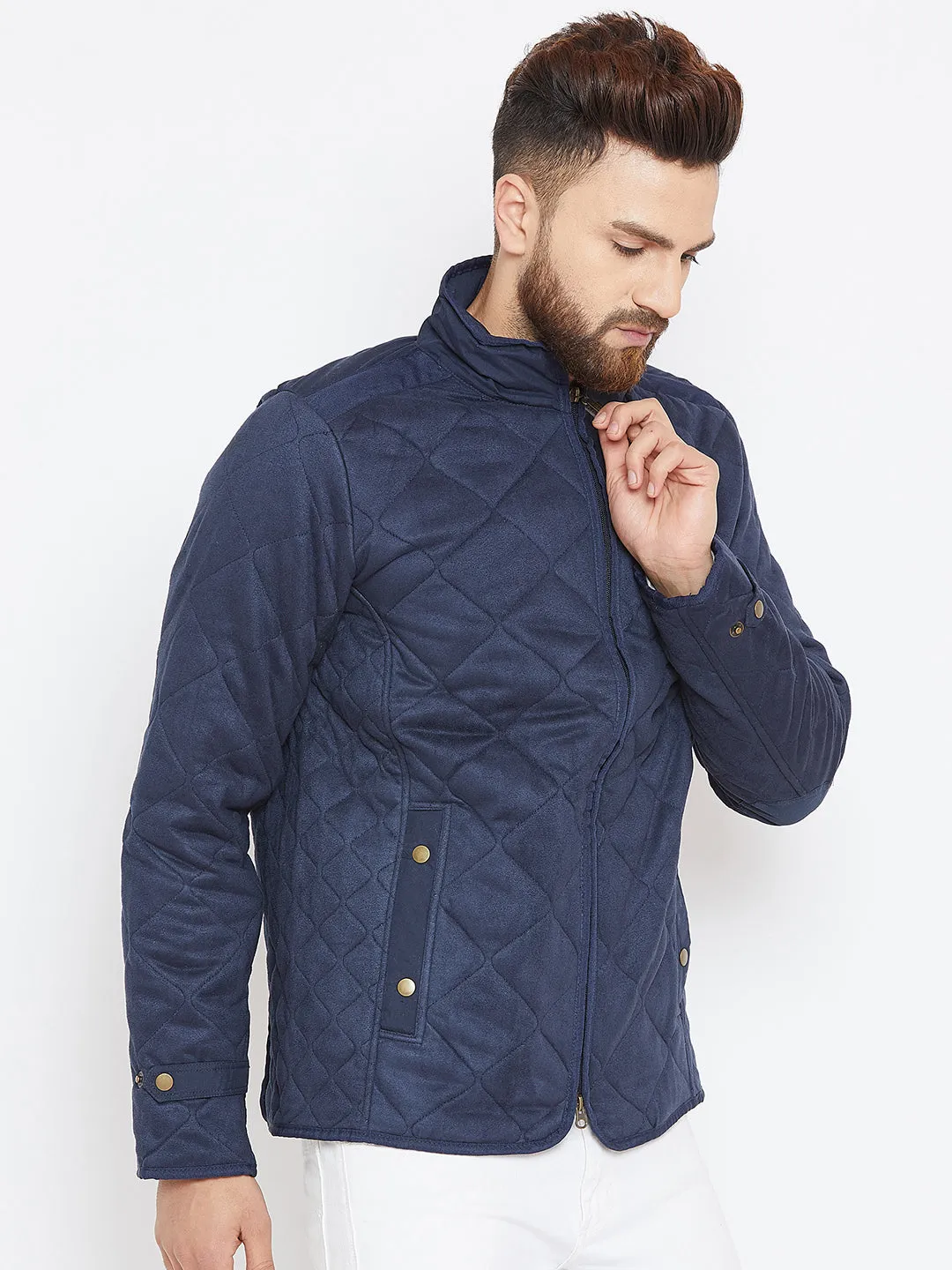 Men Navy Blue Solid Quilted Jacket