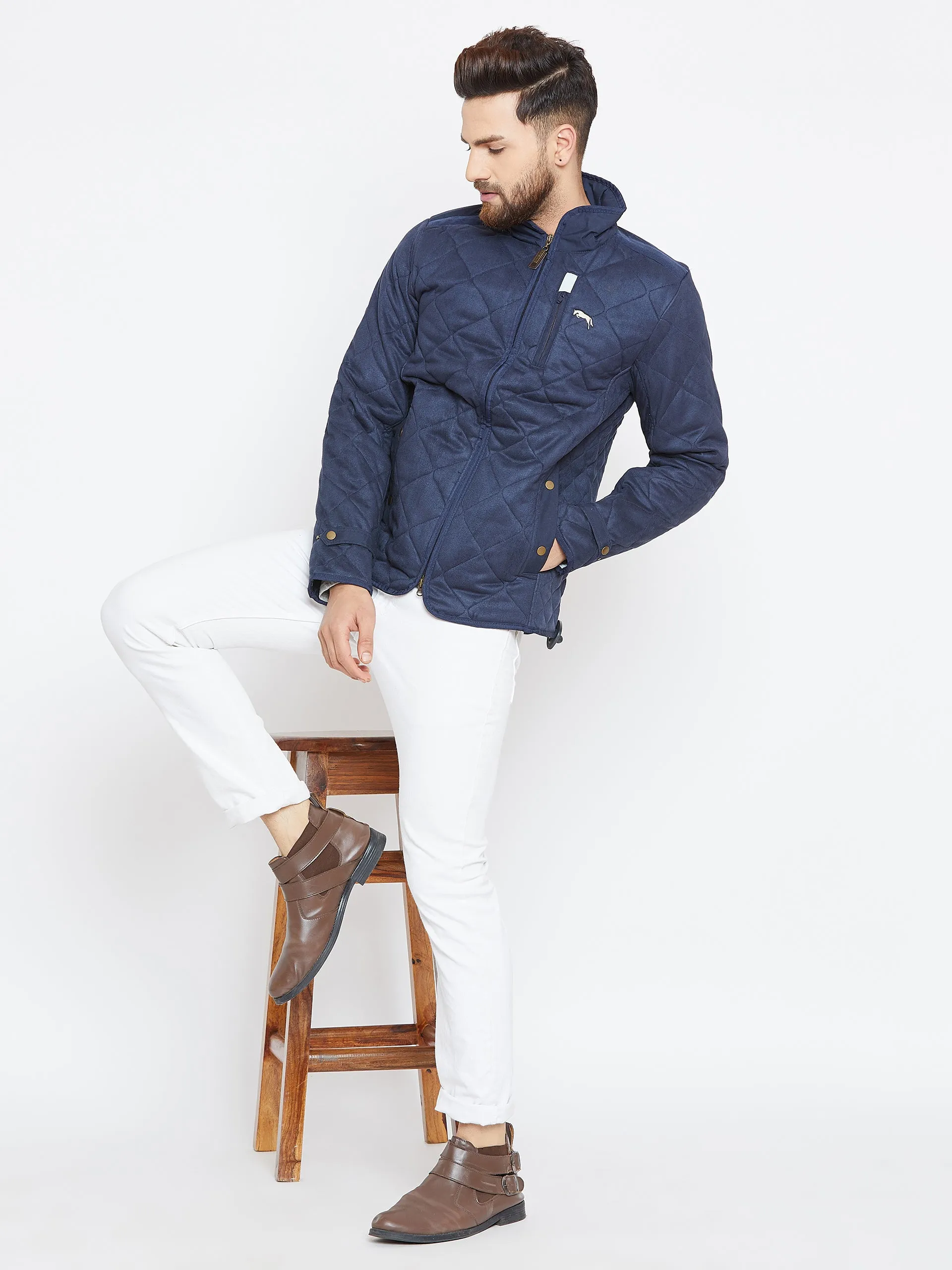 Men Navy Blue Solid Quilted Jacket