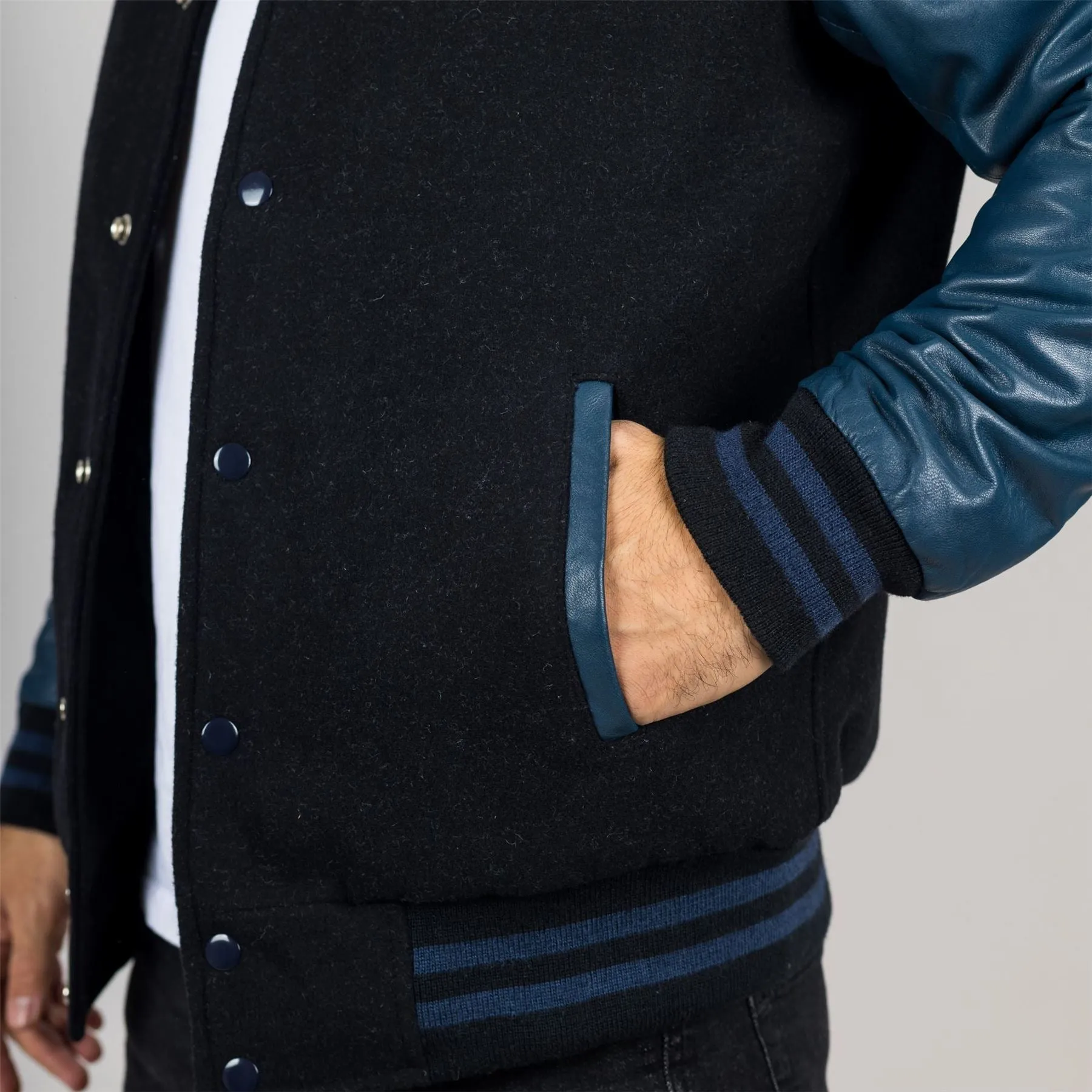 Men's Black Navy Varsity Bomber Jacket Wool Body Real Leather Sleeves College Baseball Coat