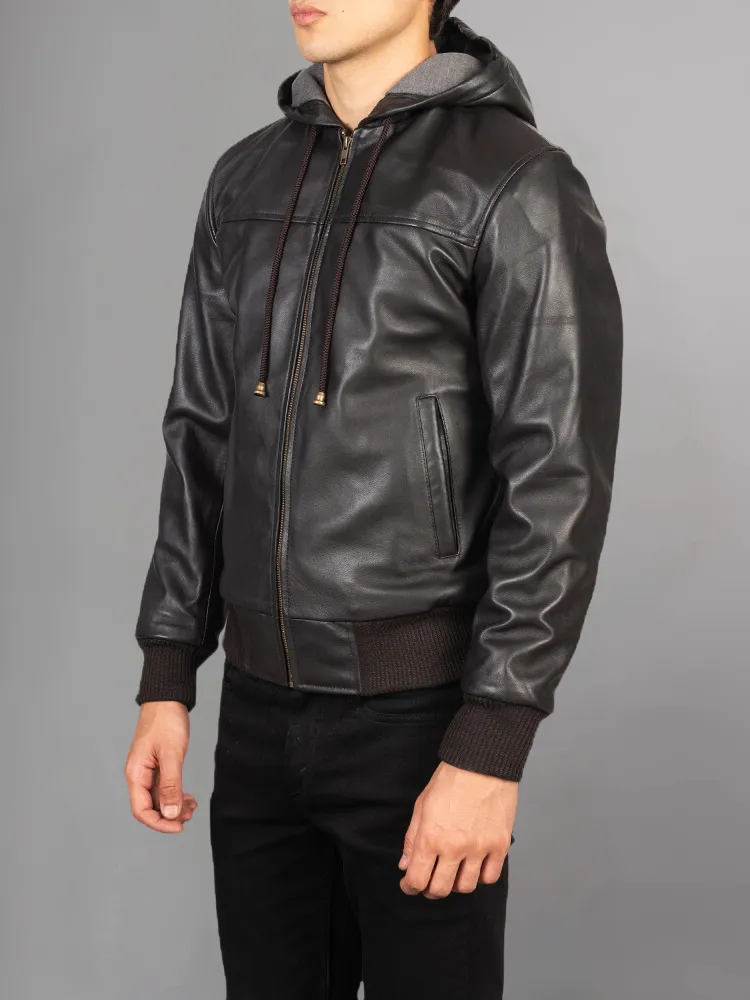 Men's Dark brown Leather Hooded Racer Jacket