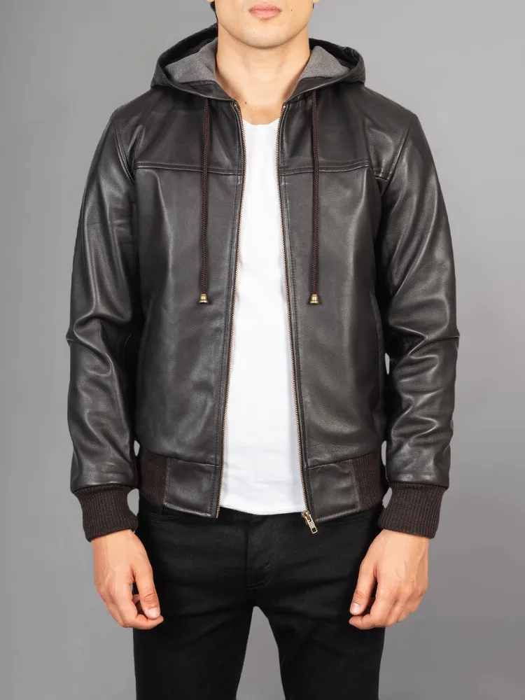 Men's Dark brown Leather Hooded Racer Jacket