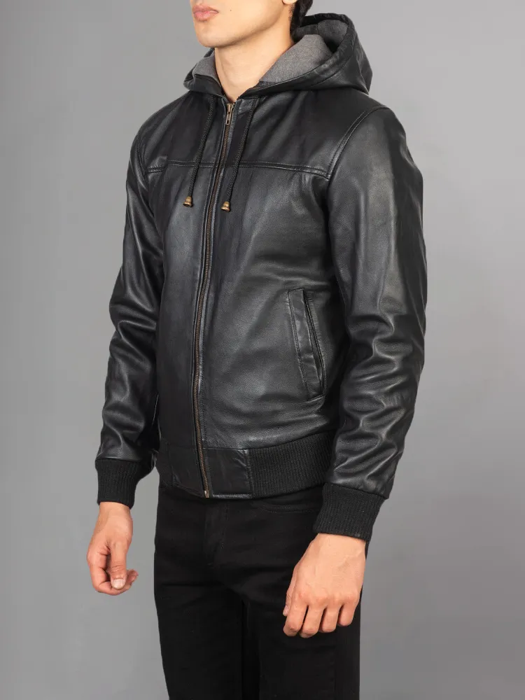 Men's Dark brown Leather Hooded Racer Jacket