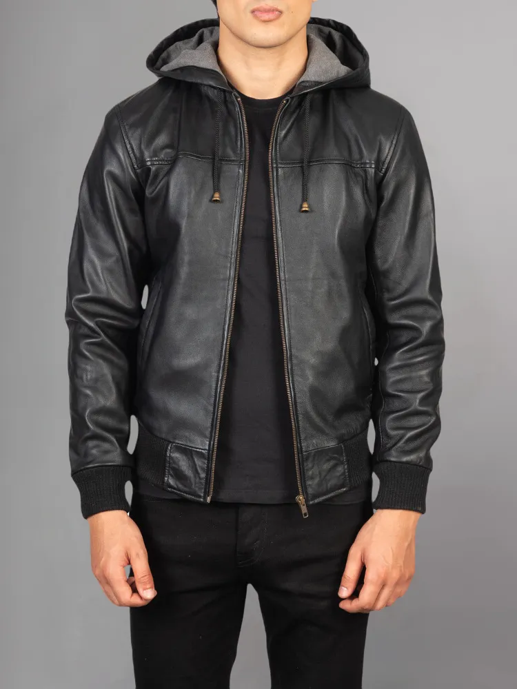 Men's Dark brown Leather Hooded Racer Jacket