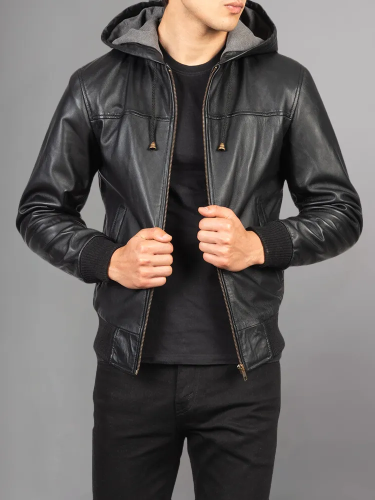 Men's Dark brown Leather Hooded Racer Jacket