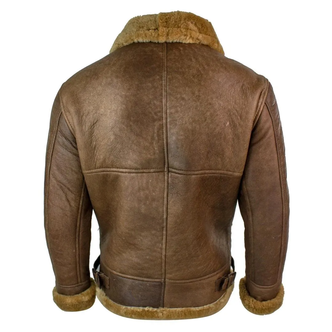 Mens Retro Vintage Classic Real Sheepskin RAF Pilot Flying Jacket Tan Ginger Fur Zip