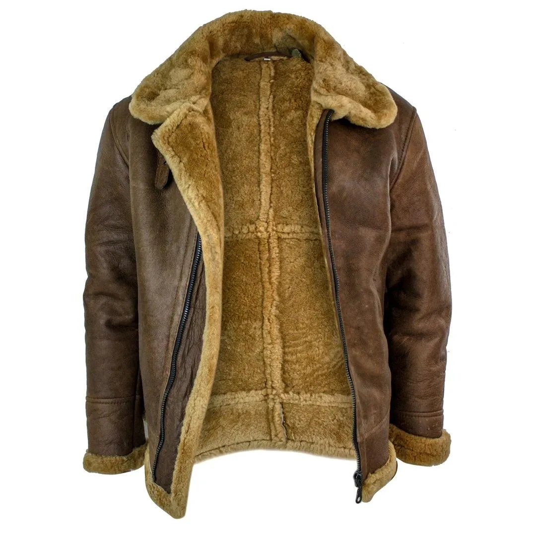 Mens Retro Vintage Classic Real Sheepskin RAF Pilot Flying Jacket Tan Ginger Fur Zip