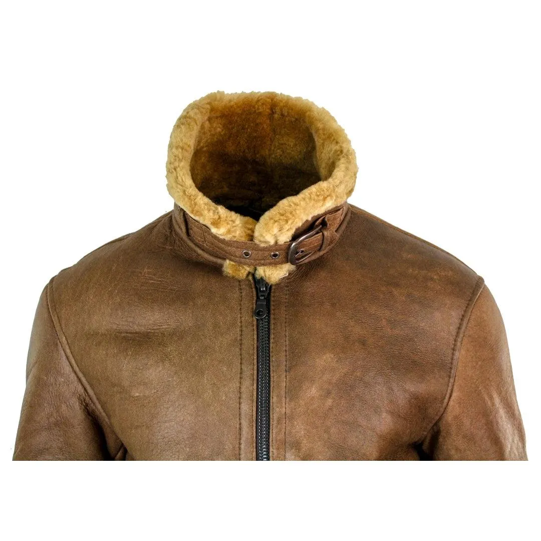 Mens Retro Vintage Classic Real Sheepskin RAF Pilot Flying Jacket Tan Ginger Fur Zip