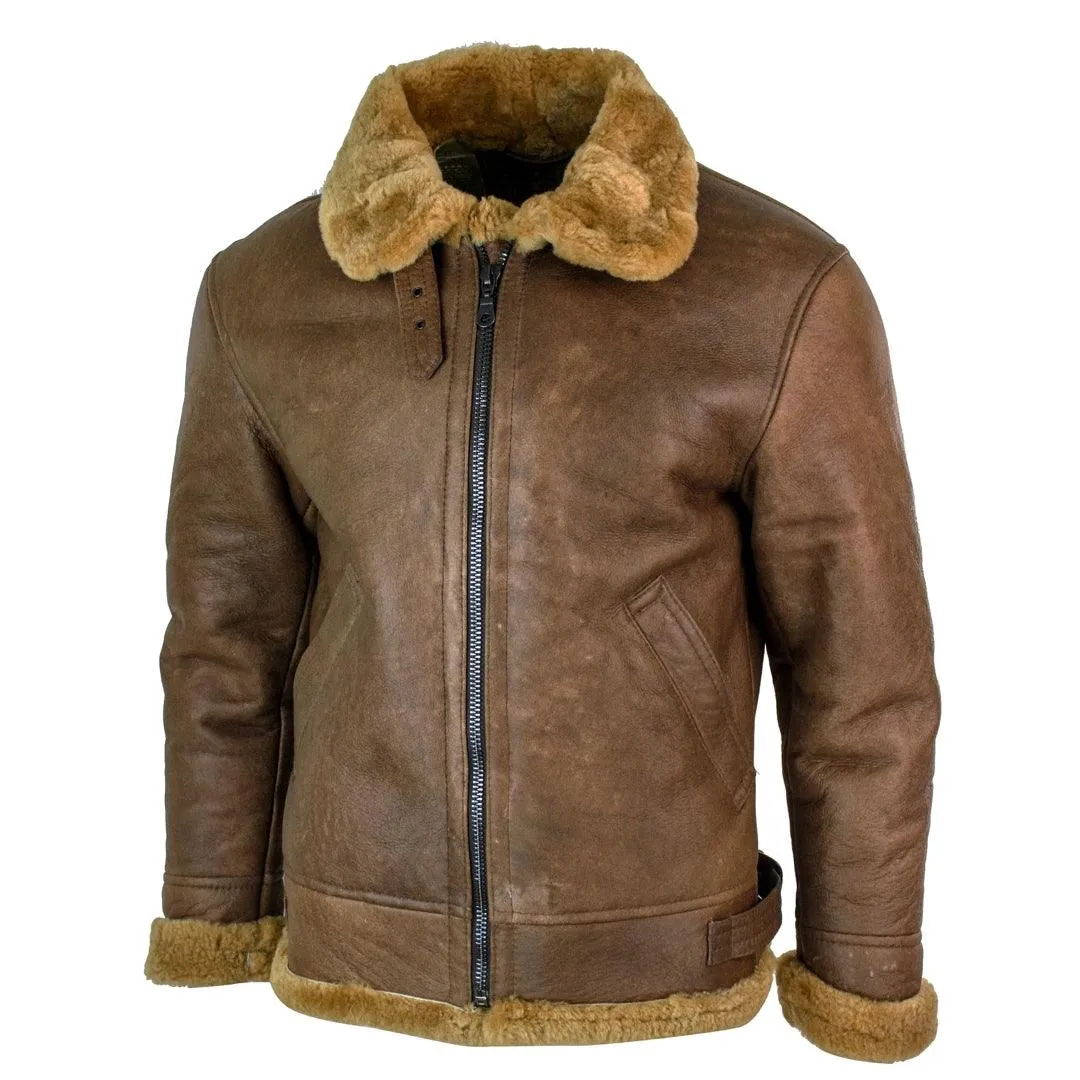 Mens Retro Vintage Classic Real Sheepskin RAF Pilot Flying Jacket Tan Ginger Fur Zip