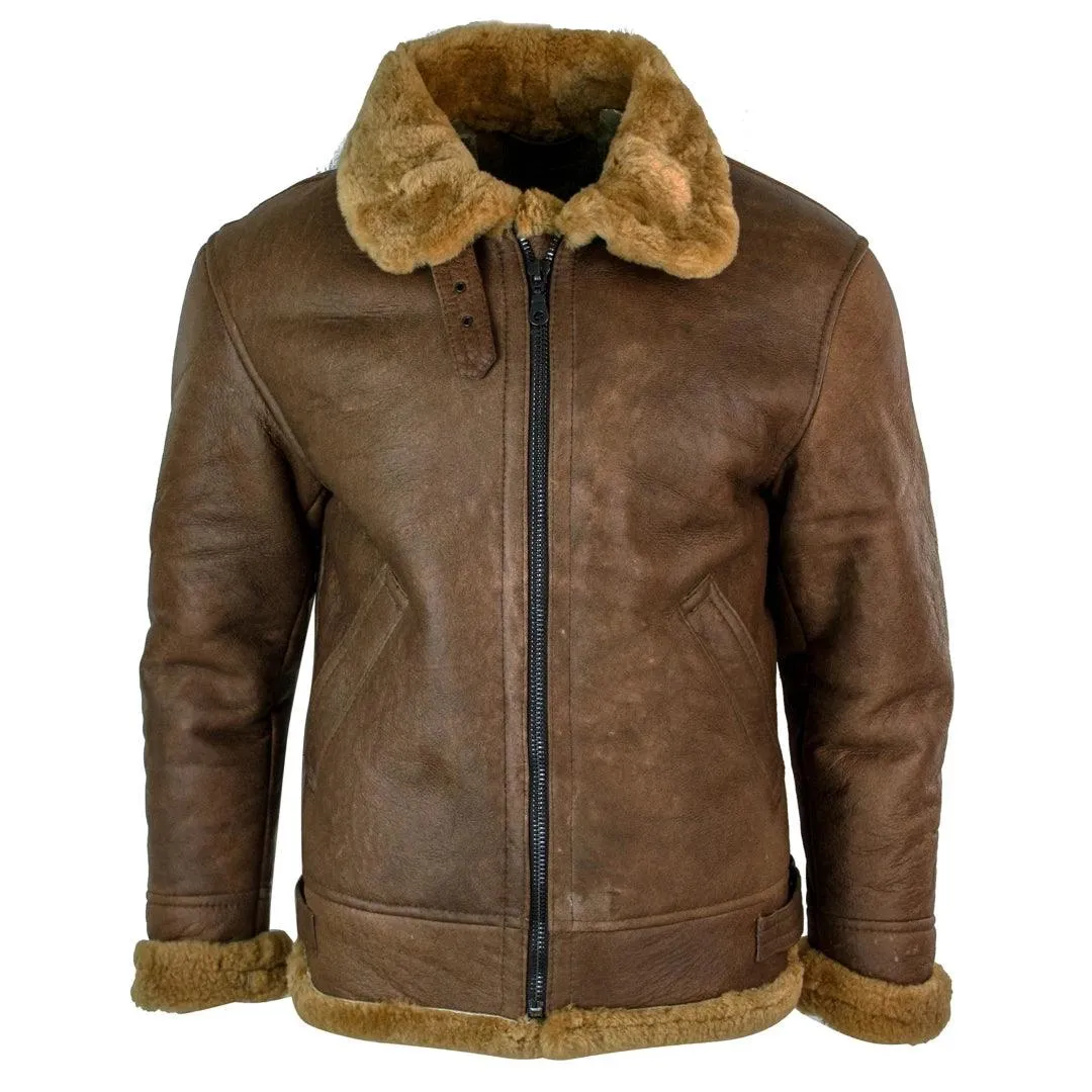 Mens Retro Vintage Classic Real Sheepskin RAF Pilot Flying Jacket Tan Ginger Fur Zip