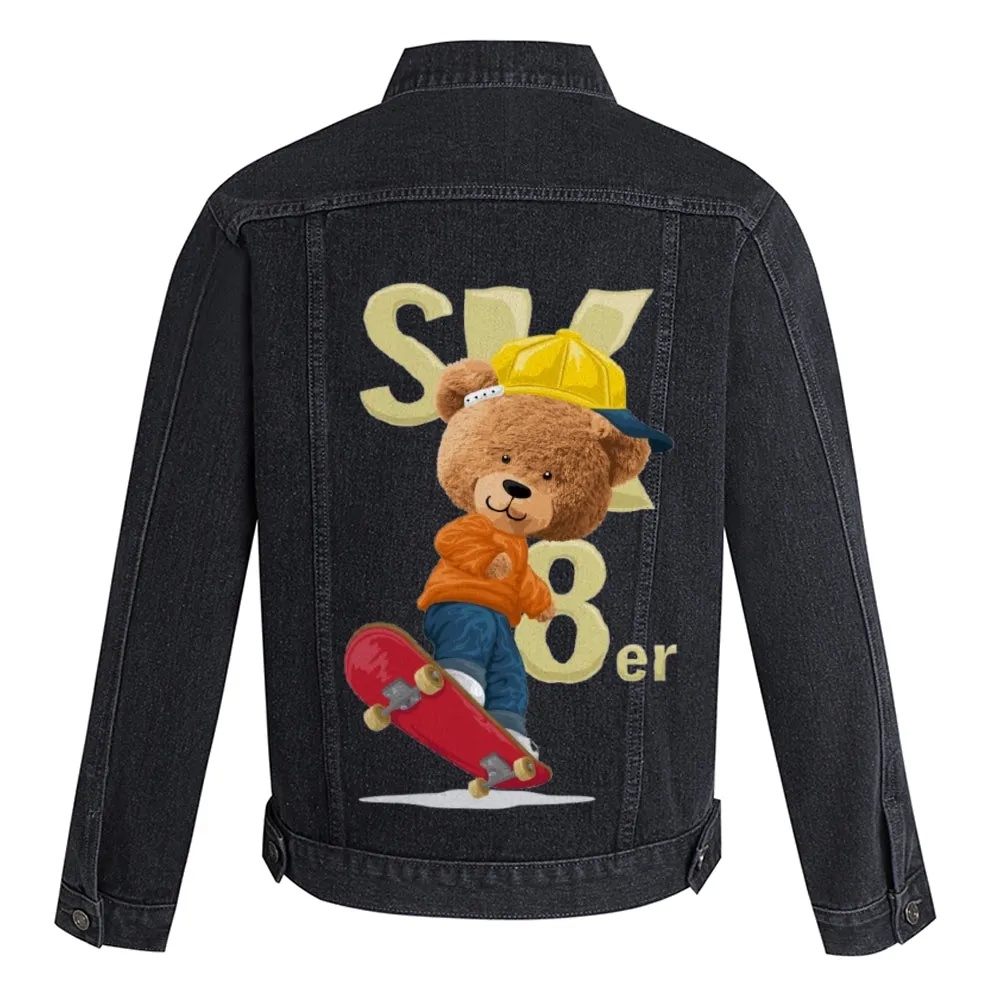 Mens Vintage Cartoon Cute Bear SK8er Prints Denim Jacket