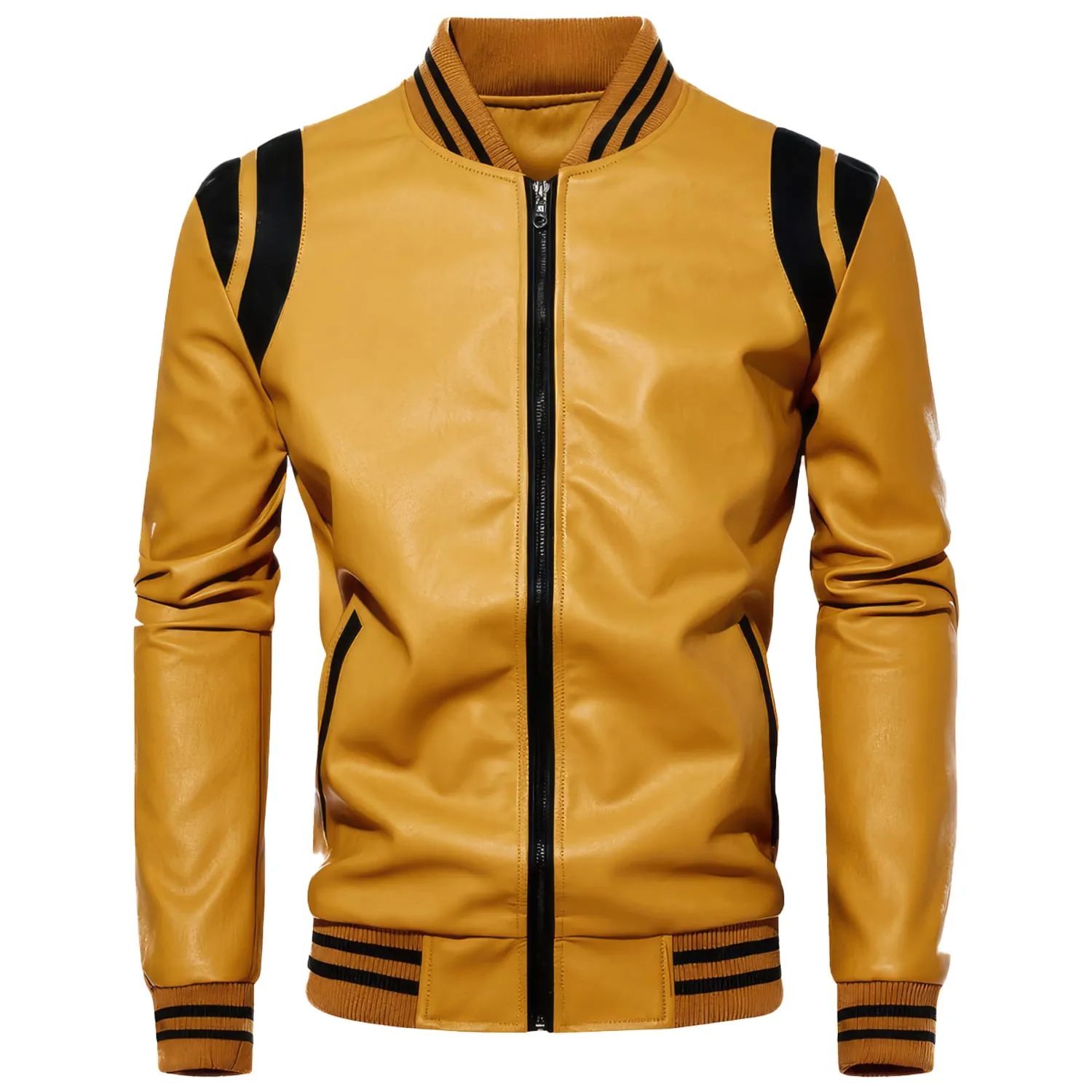 Men’s Yellow Biker Genuine Sheepskin Black Stripes Rib Knit Bomber Sporty Motorcycle Rider Slim Fit Leather Jacket