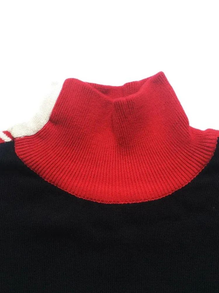 Metaversmall Women Vintage Black Sweater Jacquard Pullovers Knitted Geometric Jumpers Thick Warm Winter Turtleneck Sweaters